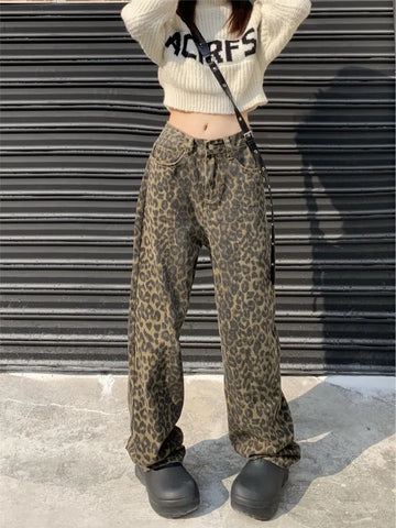 Voguable Vintage Leopard Print Pantalon Femme Wide Leg Pants High Waist Straight Y2k Jeans Casual Korean  Jean Trousers