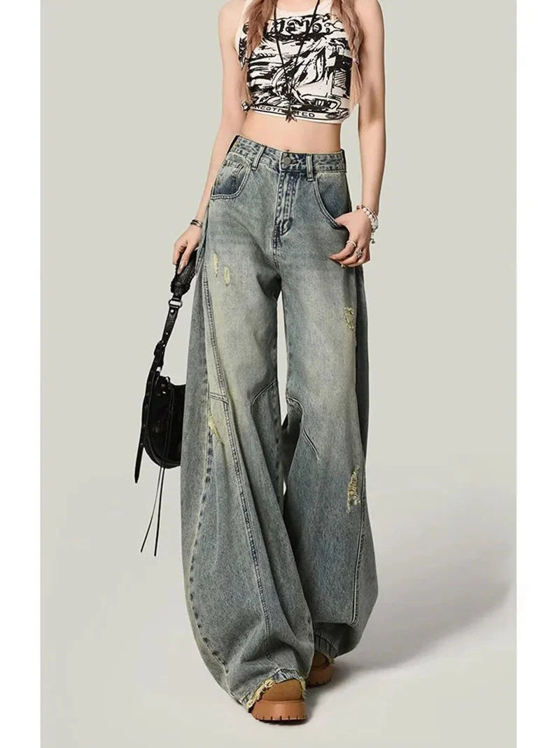 Y2K Hole Jeans Streetwear American Retro High Waist Loose Denim Pants Casual Hip Hop Vintage Pockets Lady Gothic Trousers