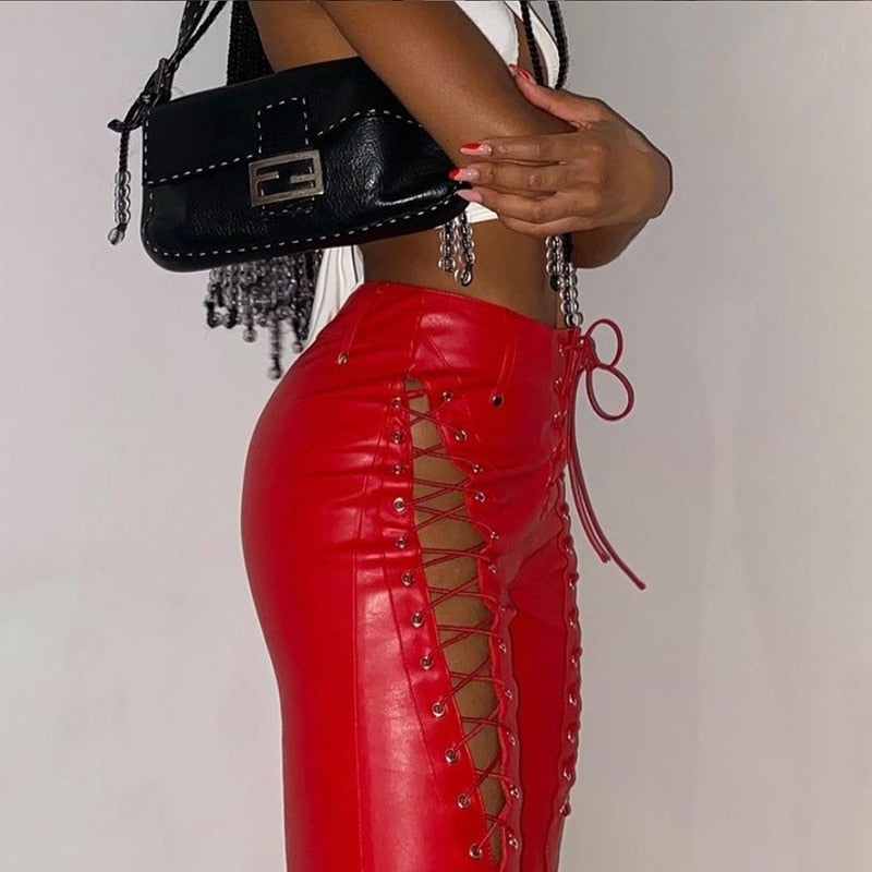 Lace Up PU Leather Pants Chic High Waist Hollow Out Y2K Drawstring Bandage Cut Out Gothic Faux Leather Trousers