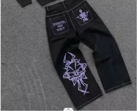 American Jeans Y2K Pants WoGothic Hip Hop Pocket Sequins Rhinestone Retro Blue Jeans Slim High Waist Trousers