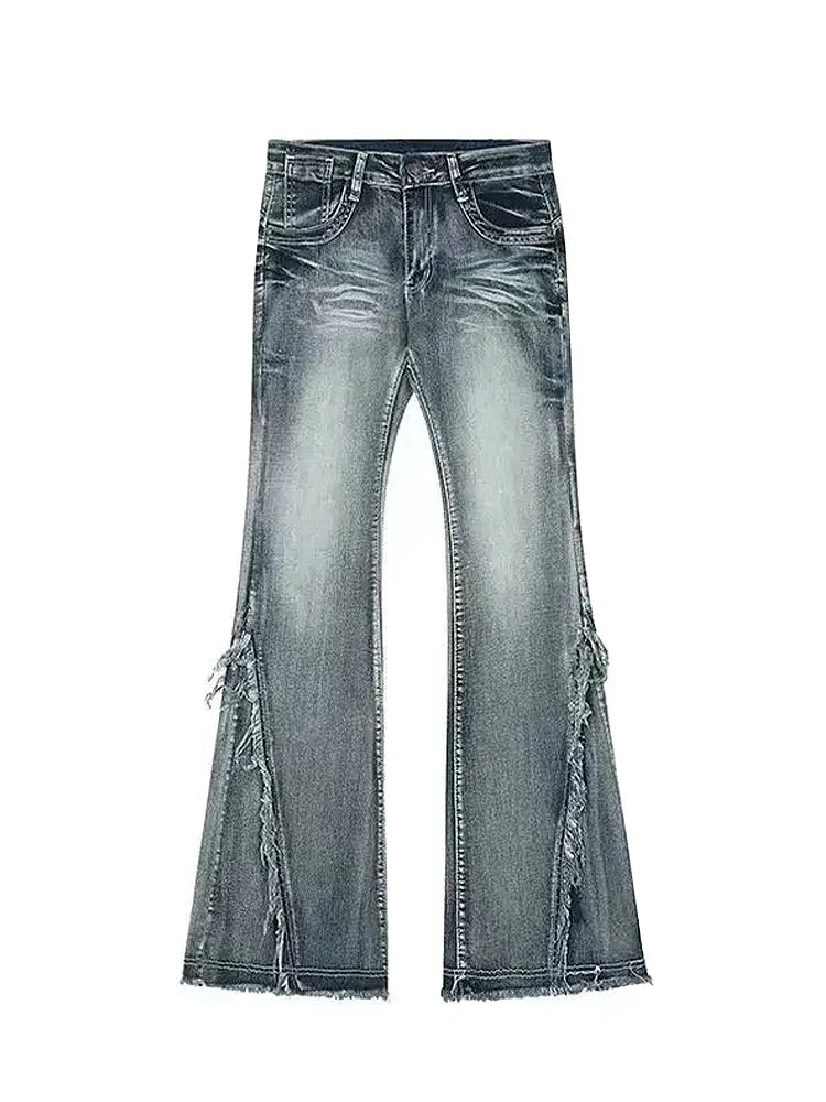 Y2k Flared Jeans for Low Rise Washed Denim Pants FeAmerican Vintage Clothes Raw Edge Design Patchwork