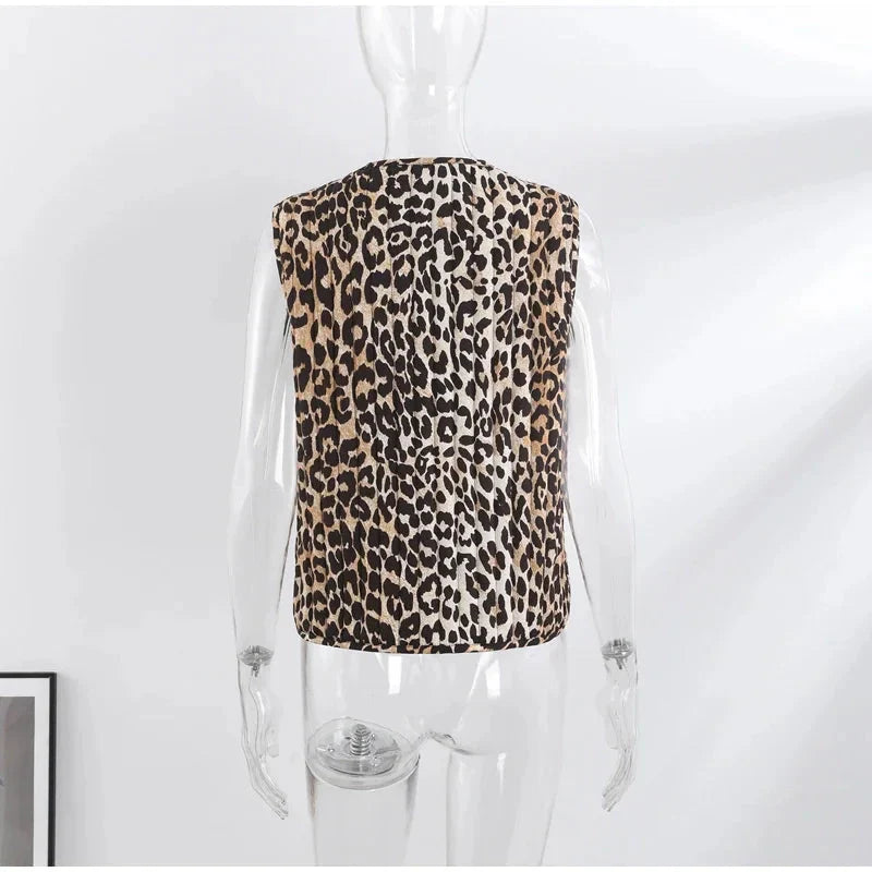Leopard Waistcoat y2k Clothes Round Neck Sleeveless Tie Up Cardigan Tops 2000s Aesthetic Clothing Streetwear