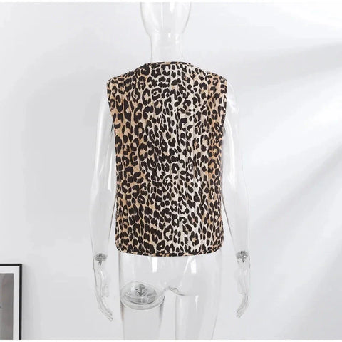 Leopard Waistcoat y2k Clothes Round Neck Sleeveless Tie Up Cardigan Tops 2000s Aesthetic Clothing Streetwear