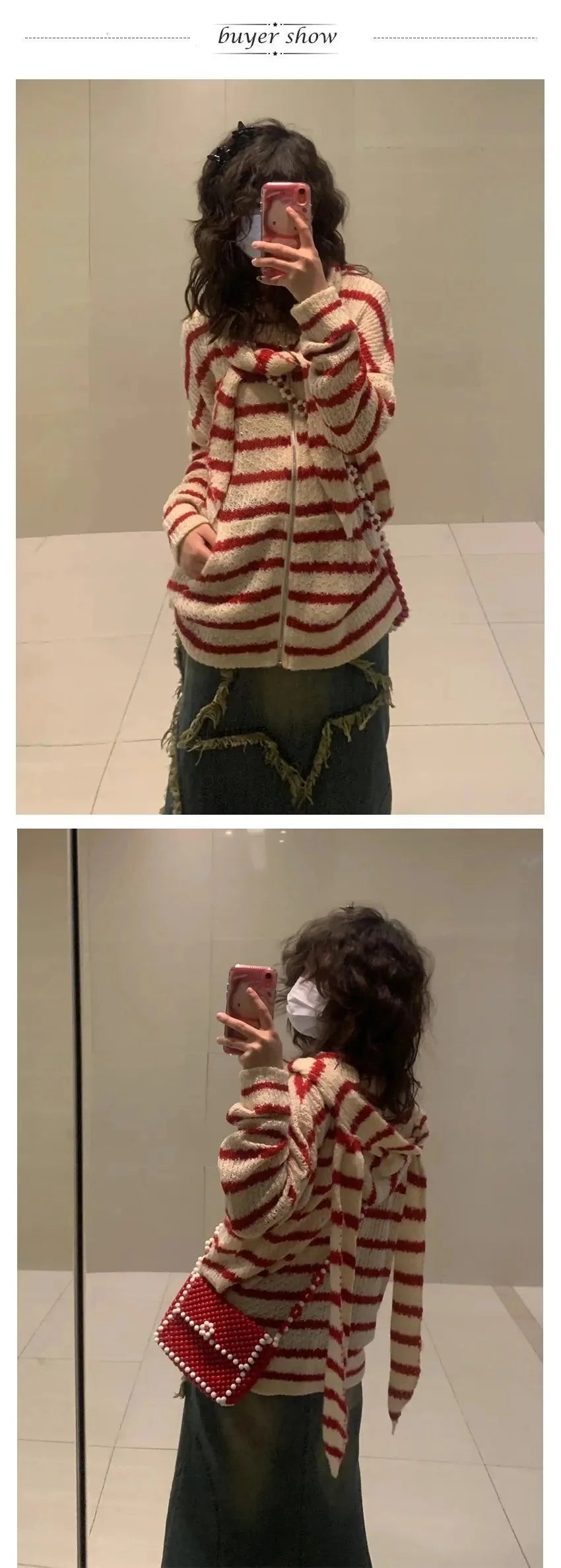 Japanese Y2k Hooded Cardigan 2000s Aesthetics Rabbit Ears Zipper Knitwear Vintage Harajuku Red Stripe Sweater Grunge