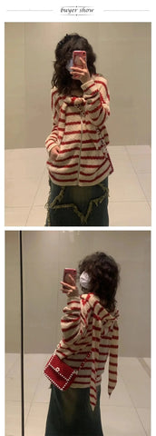 Japanese Y2k Hooded Cardigan 2000s Aesthetics Rabbit Ears Zipper Knitwear Vintage Harajuku Red Stripe Sweater Grunge