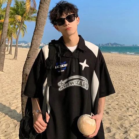 American Retro Short Sleeved Y2k Motorcycle Style Polo Collar Simple Versatile Loose Vintage Couple T-shirt Casual Top