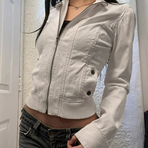 Patchwork Zip-up Cropped Jacket y2k Streetwear Full Sleeve Turtleneck Pockets Coat for Vintage 2000s Clothing Basic