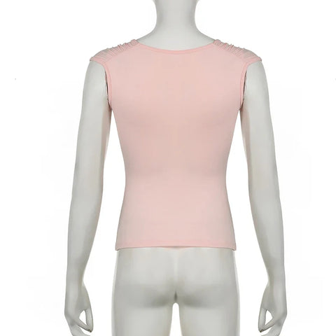 Voguable Y2K Rhinestone Frill Edge Bow T-shirt Pink Kawaii Japanese Lolita Casual Square Collar Short Sleeve Top Coquette Tees