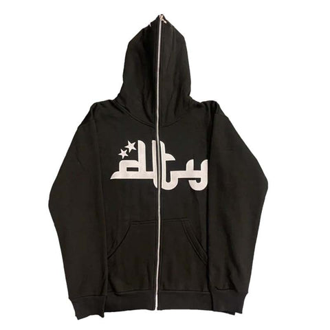 Voguable Star Letter Print Hoodie Zip Up Long Sleeve Oversized Jacket Coat Harajuku Gothic Hooded Sweatshirt Y2K Teen Clothes