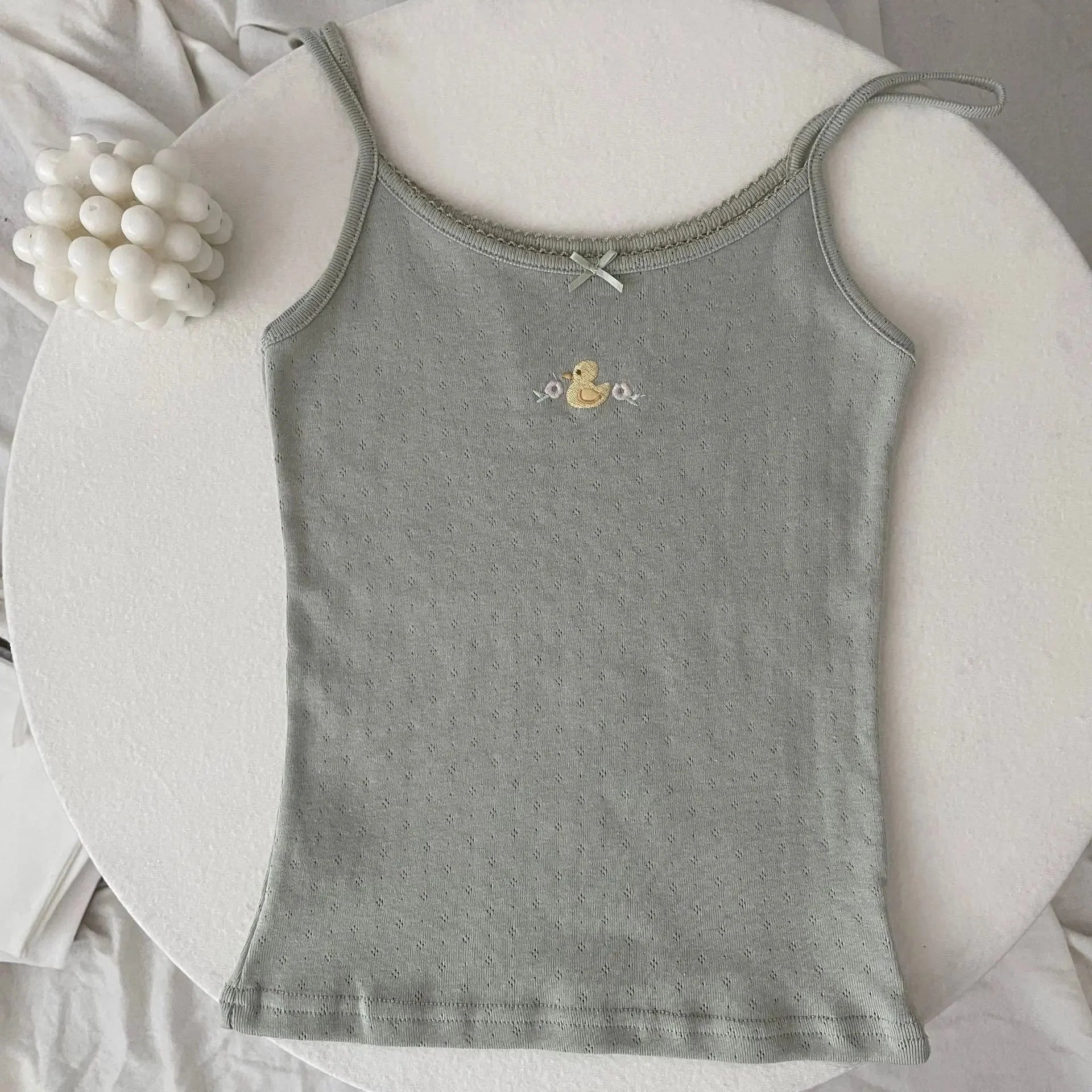 Floral Eyelet Bow Cotton Crop Tops Lace Trim Sleeveless Slim Tank Top Preppy Style Sweet Camisole Y2k Clothes