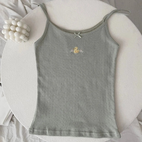Floral Eyelet Bow Cotton Crop Tops Lace Trim Sleeveless Slim Tank Top Preppy Style Sweet Camisole Y2k Clothes