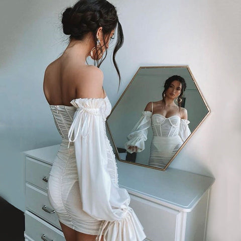 Voguable  Spaghetti Strap Long Lantern Sleeves Ruched Mini Dresses Woman Y2k Mesh Vintage Dress Club Party Vestidos