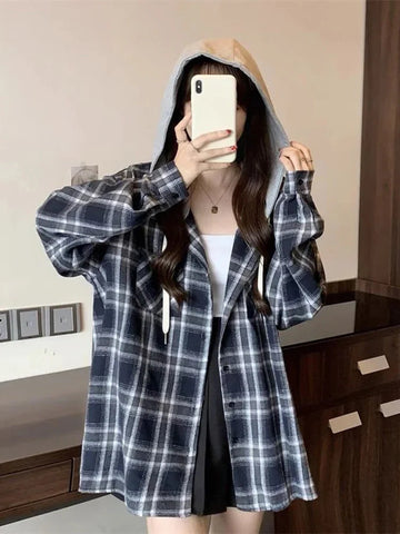 Vintage Plaid Hooded Shirt Oversize Long Sleeve Y2K Blouse American Casual Harajuku FeVintage Tops New