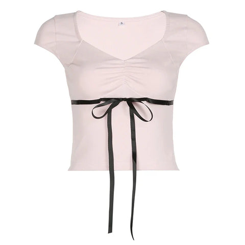 Voguable Coquette Contrast Bow Folds Cropped Top White Pink Short Sleeve Slim-fitting Short Sleeve T-shirt Y2K