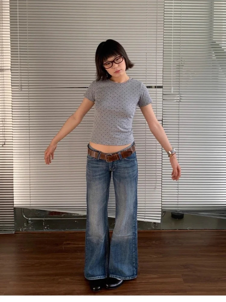 American Retro High Street Spicy Girls Low Waist Jeans Vintage Y2k Harajuku Baggy Solid Slim Denim Flared Pants