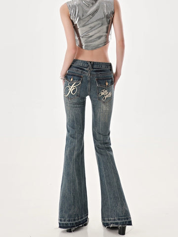American High Street Spicy Girls Low Waist Jeans Vintage Y2k Design Sense Slim Fit Straight Tube Micro Flare Pants