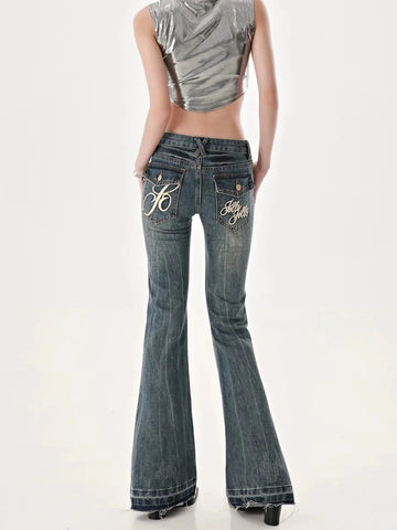 American High Street Spicy Girls Low Waist Jeans Vintage Y2k Design Sense Slim Fit Straight Tube Micro Flare Pants