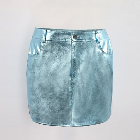 Pink Silver Reflective Shiny Patent Leather Mini Skirts for High Waist A Line Short Y2K Clothes