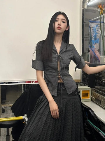 Vintage Coquette Blouses Korean Style Punk Streetwear Striped Print Bandage Hollow Out Slim Shirts Y2k