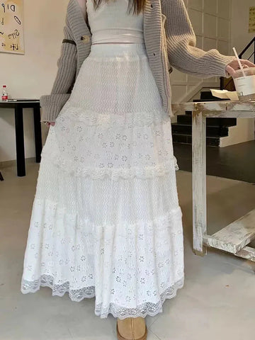 Elegant Lace Splicing Midi Skirt for Y2K High Waist Chic Hollow Out A Line Skirts Korean Solid All-Match Long Skirt