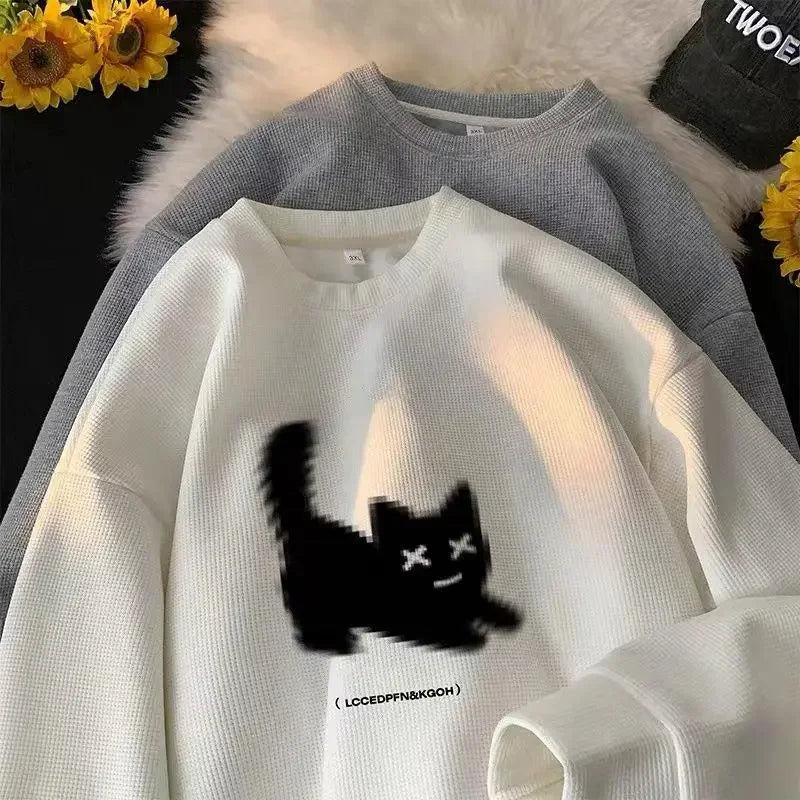 Voguable Streetwear Harajuku Waffle Cotton Kawaii Hoodies for O-Neck Oversized Sweatshirt Y2K Black Cat HIP HOP Punk Winter Clothes