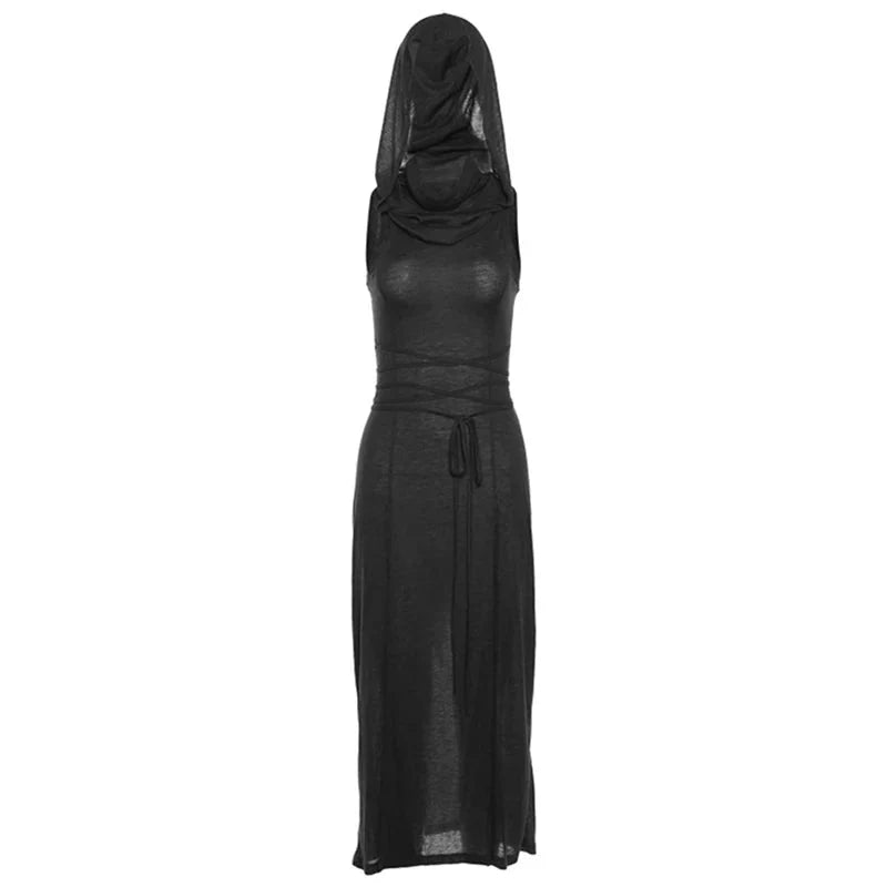 Wasteland Punk Dress y2k Solid Color Sleeveless Hollow Out Back Side Slit Hooded Dress 2000s Grunge Party Dresses