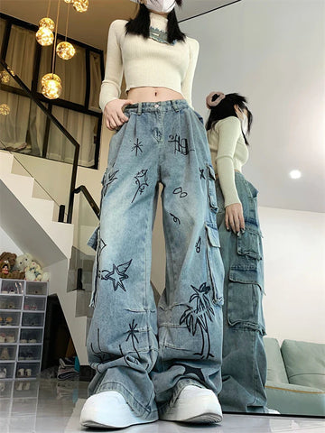Graffiti Print Pattern Design Unisex Jeans Vintage Street Y2k Casual Denim Trousers FeHigh Waist Straight Pants