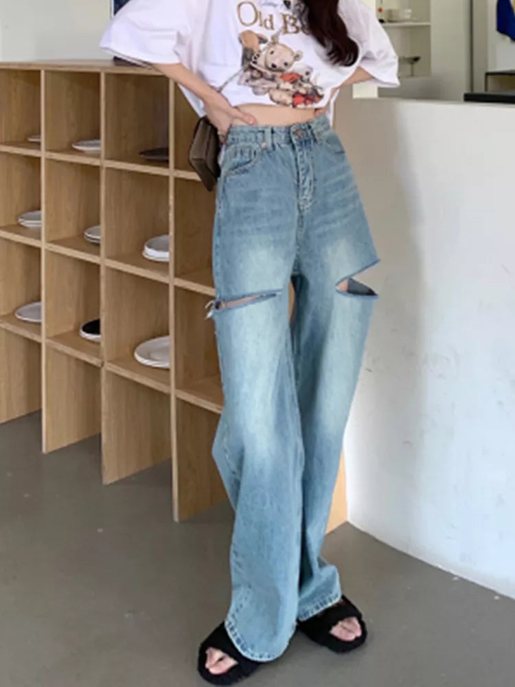High Waist Ripped Straight Jeans Blue Denim Trousers Y2k Korean Clothing Streetwear Baggy Pants