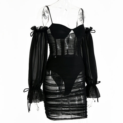 Voguable  Spaghetti Strap Long Lantern Sleeves Ruched Mini Dresses Woman Y2k Mesh Vintage Dress Club Party Vestidos