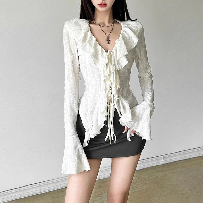 Fairycore Top White Clothes Gothic Ruffled V Neck Flared Long Sleeve Ripped Blouse Shirt y2k Aesthetic Clothing