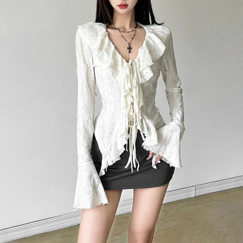 Fairycore Top White Clothes Gothic Ruffled V Neck Flared Long Sleeve Ripped Blouse Shirt y2k Aesthetic Clothing