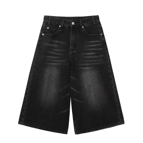Voguable  Vintage Washed Black Denim Pants High Waist Loose Wide Leg Y2k E-Girl Unisex A-line Calf- Length Chic