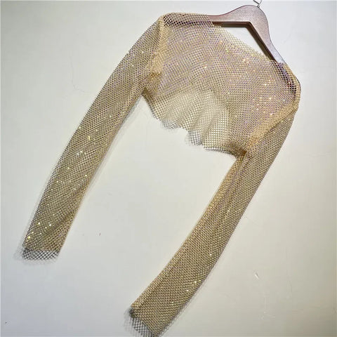 Sparkly Crystal T-shirts O-Neck Hollow Out See Through Tank Tops Night Partywear Crop Shirts Tee Y2K Tops