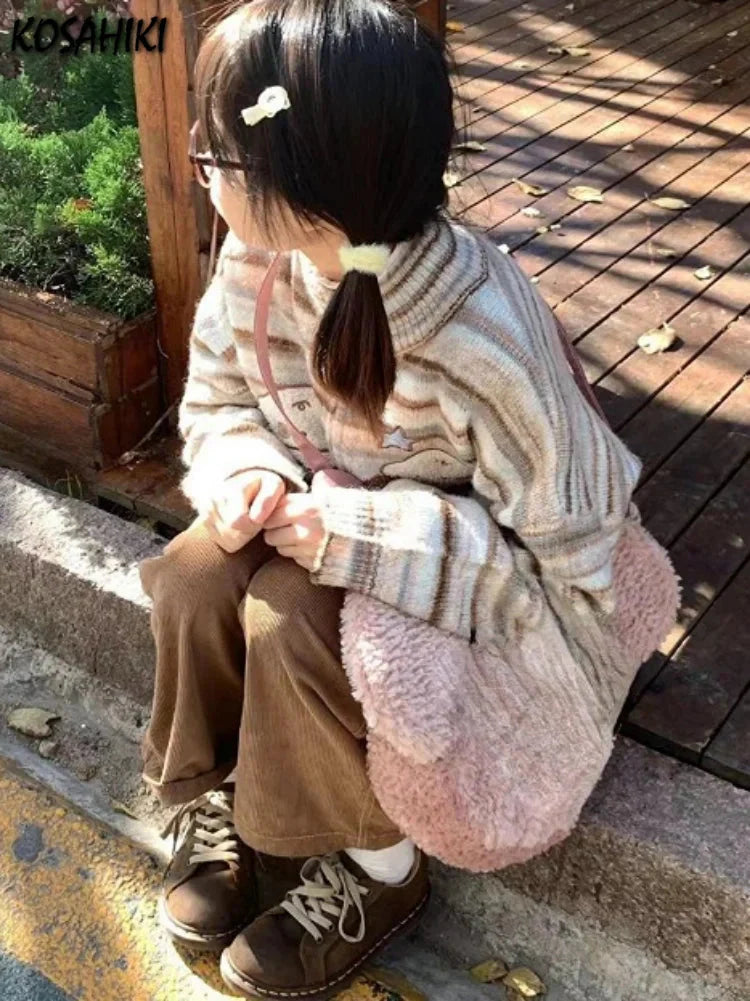 Y2k Aesthetic Japanese Knit Cardigan Kawaii Dog Embroidery Harajuku  Femme Striped Preppy Zipper y Womens