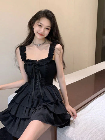 Voguable  Slip Lolita Style Black Dress Vintage Sleeveless Y2K Mini Dress Slim Sweet Korean Lace Up Cake Dress New