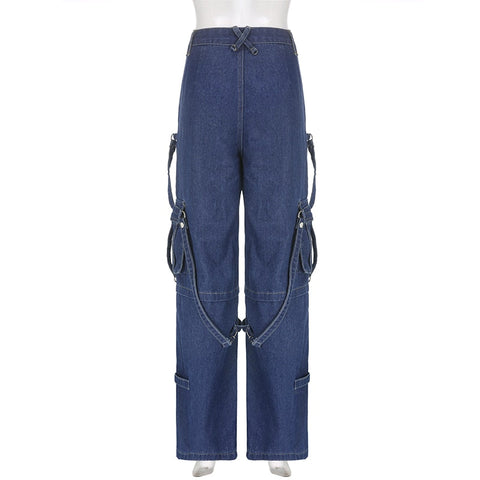 Y2k Bandage Cargo Jeans Punk Metal Blue Baggy Streetwear Pants Korean Grunge Aesthetic Jeans Stylish Vintage 90s