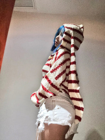 Japanese Y2k Hooded Cardigan 2000s Aesthetics Rabbit Ears Zipper Knitwear Vintage Harajuku Red Stripe Sweater Grunge