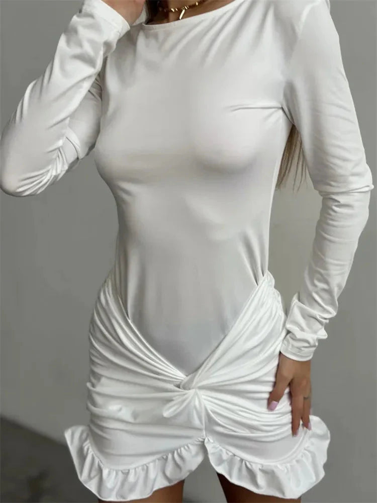Ruffled Twist Skinny MIni Dress Long Sleeve Patchwork High Waist Party Dress FeY2k Bodycon Dress