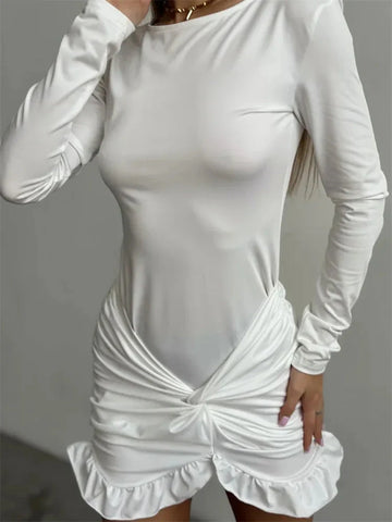 Ruffled Twist Skinny MIni Dress Long Sleeve Patchwork High Waist Party Dress FeY2k Bodycon Dress