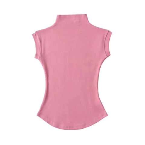 y2k Crop Tops Vest Solid Color Mock Neck Sleeveless Stretchy T Shirts 2000s Aesthetic Clothing Streetwear