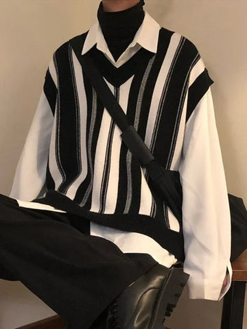 Knitted Sweaters for Y2k Vintage Waistcoat Man Clothes Striped Sleeveless Vest Aesthetic Black Korean Casual Cotton