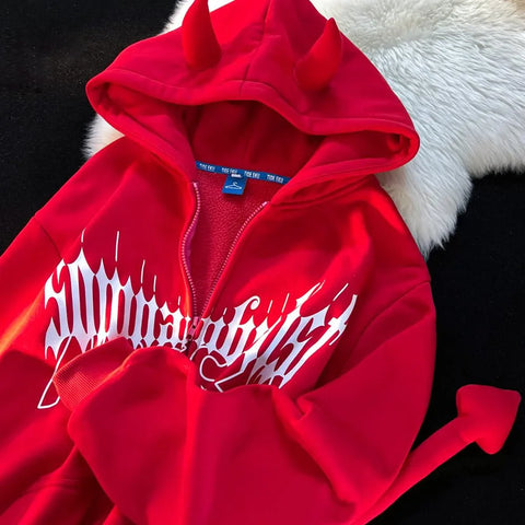 Voguable Dark Designer Devil Horn Tail Zip Up Hoodies Jackets Teenage Y2K Top Goth Print Oversized Sweatshirt Loose Casual Winter Clothes
