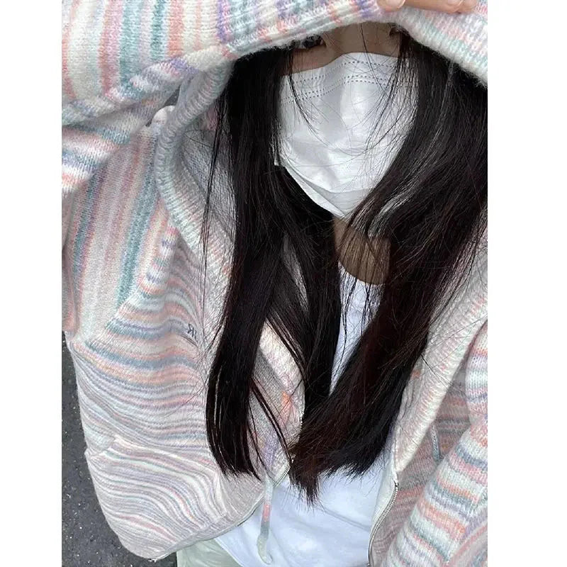 Japanese Y2k Rainbow Striped Kawaii Cardigans All Match Hooded Sweaters Loose Zipper Grunge Knitted Coat Pull Femme