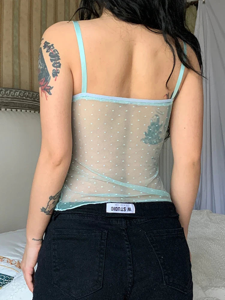 Voguable Polka Dots Lace Frill Mesh Camis Y2K Aesthetic V-neck Crop Top Backless See Through Corset Tops