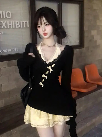 Fall Winter Y2k Shoujo Girl 2000s Kpop Korean Outfits 2 Piece Set Long Sleeve Tops + Coquette Ballet Core Mini Lace Dress