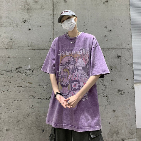 High Street  American Short Sleeve T-shirt Graffiti Loose Washed Trend Y2k Casual Top Tshirt Streetwear Cotton Tees