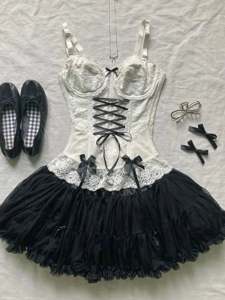 Y2k Camis Sweet Girl Sling Streetwear Bow White Bandage Kawaii Slim Topss Harajuku Crop Tank Top