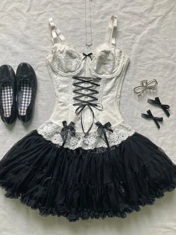 Y2k Camis Sweet Girl Sling Streetwear Bow White Bandage Kawaii Slim Topss Harajuku Crop Tank Top