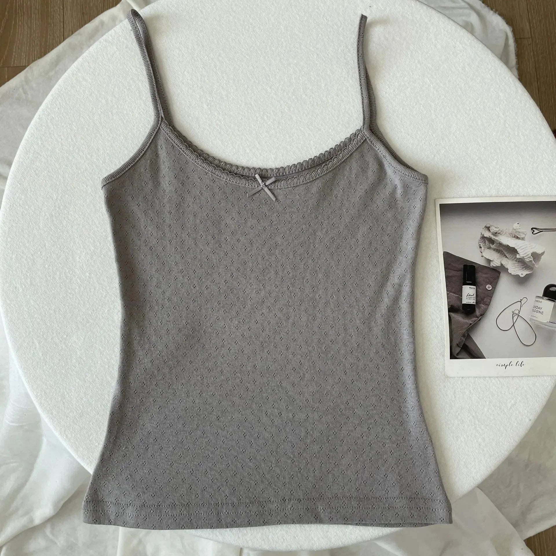 Floral Eyelet Bow Cotton Crop Tops Lace Trim Sleeveless Slim Tank Top Preppy Style Sweet Camisole Y2k Clothes