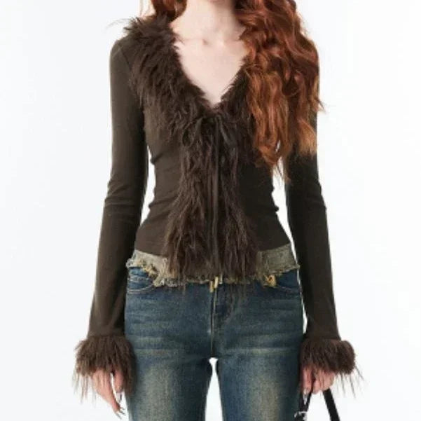 Y2k Aesthetic V-neck Jacket Korean Cardigan  Harajuku Vintage Bandage Fur Patchwork Coat Chic